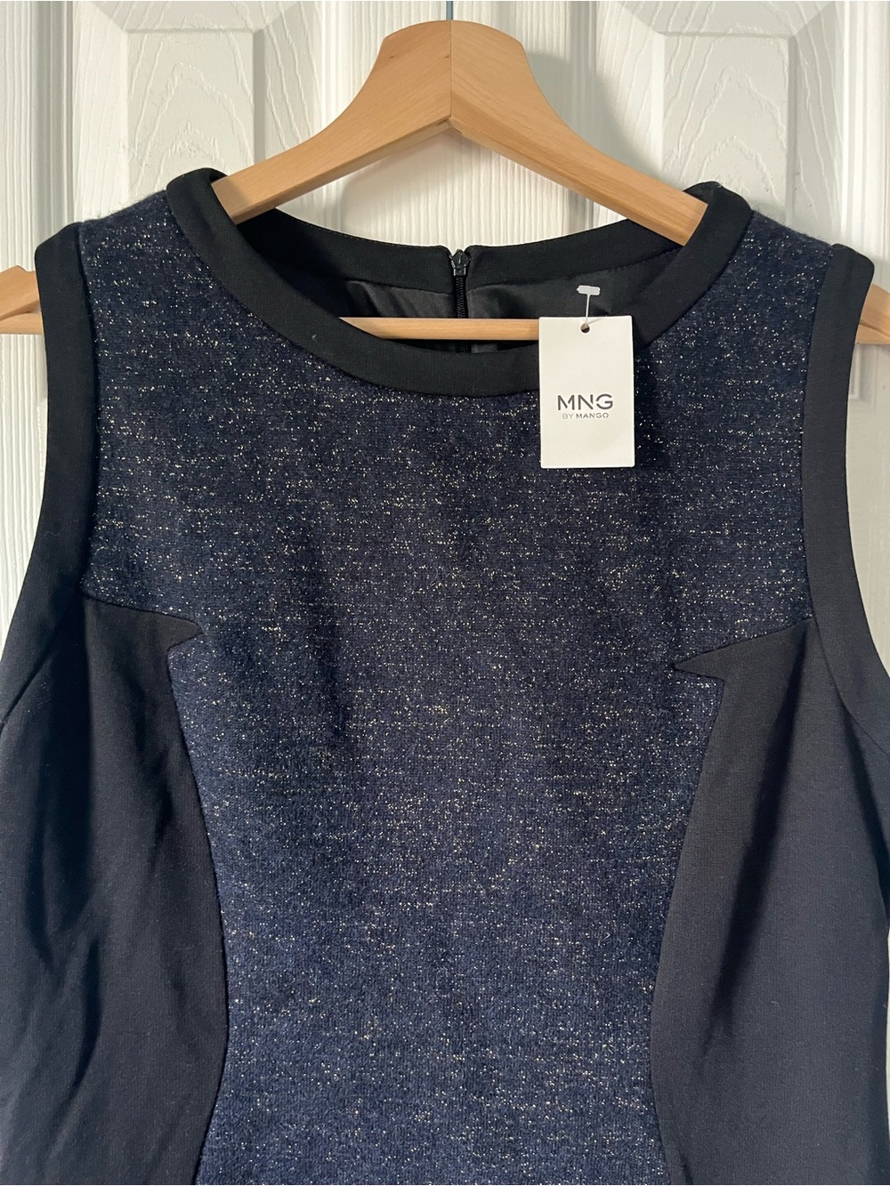 Mango Navy Tweed Sheath Dress with Black Trim